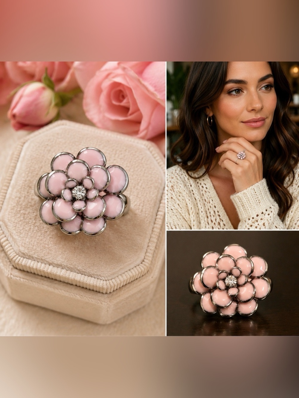 Pink Floral Statement Ring | Crystal Center Flower | Silvertone (Size 5)